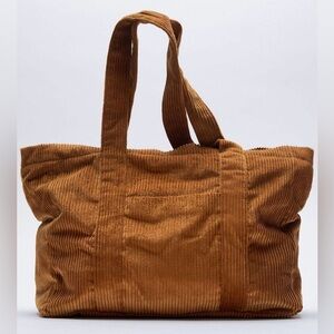 ZARA Corduroy Large Tote Bag Cognac Brown